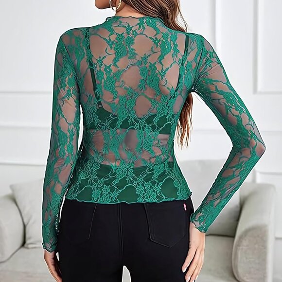 🆕Women Green Polyester Lace Long Sleeve Mesh Sheer Sexy See-Through Y2K Top - Picture 4 of 7